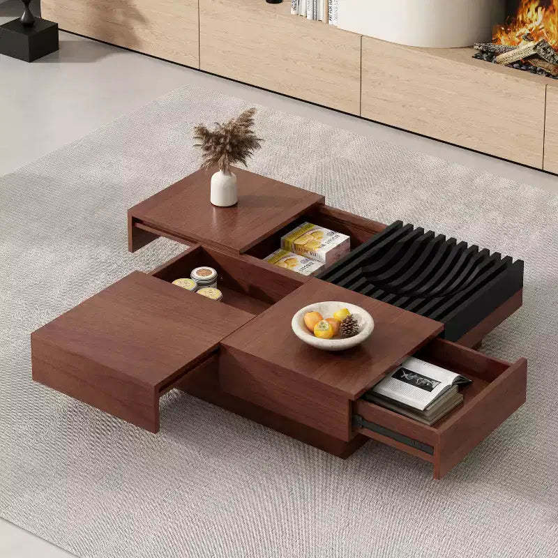 Italian Retro Style Acacia Wood Storage Coffee Table, Brown-black color