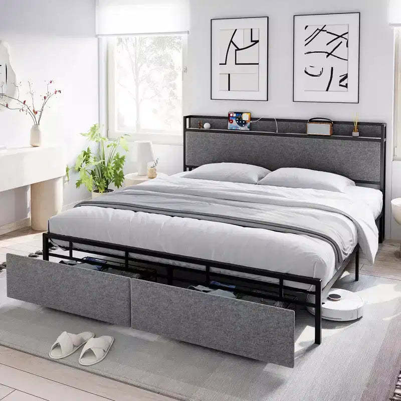 Bed Frame with Drawers, Platform Bed Frame with Storage & Charging Station Headboard, No Box Spring Needed, Easy Assembly, Noise Free, Gray
