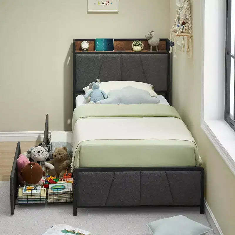 Twin Bed Frame with Linen Upholstered, 2 Storage Drawers & Storage Headboard & Charging Station, Noise Free, 800lbs