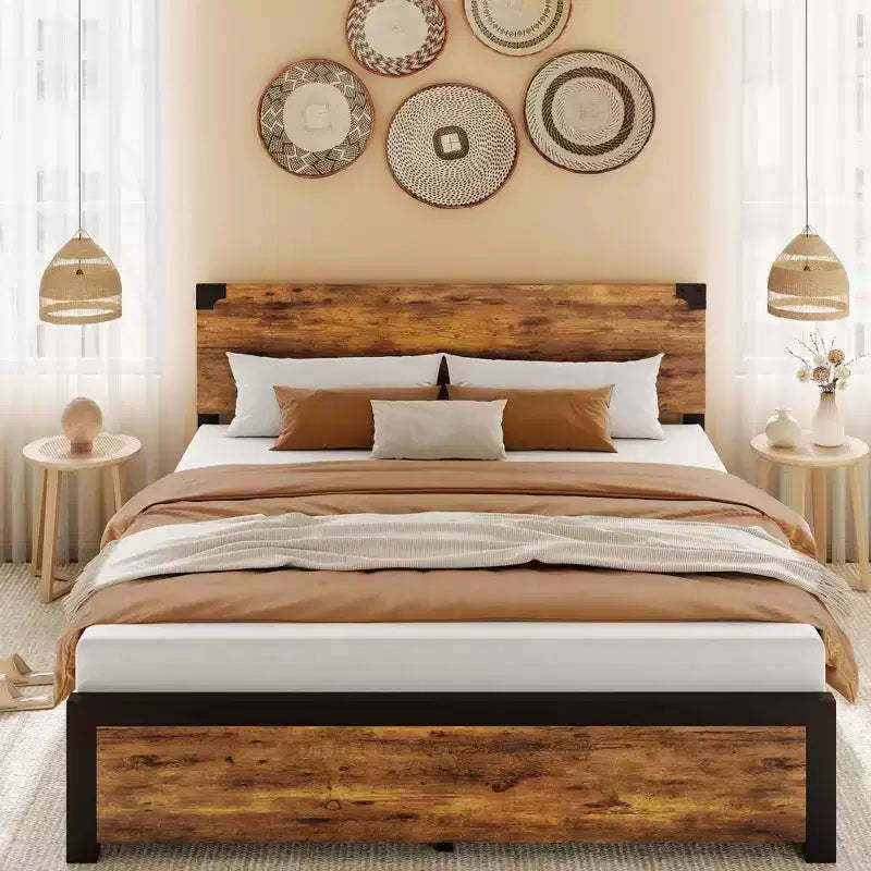 Platform Bed Frame with Headboard & 4 Storage Drawers, Sturdy Quiet Metal Platform Bed Frame