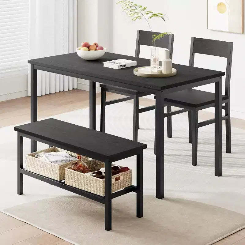 Modern Dining Table Set for 4 with Metal Frame, Chairs, and Bench, 4-Person Kitchen Table with Storage Rack, Ideal for Apartments and Dining Rooms.
