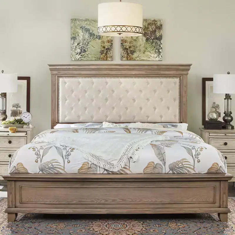 AMERLIFE 68.1 H Bed Frame with Upholstered Headboard, Farmhouse Platform Bed, Light Oak