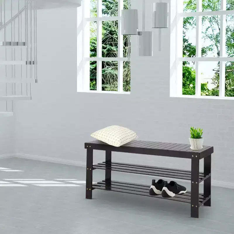 Karl Home 3-Tier Coffee Bamboo 35.43in. W Shoe Rack Shoe Storage Bench