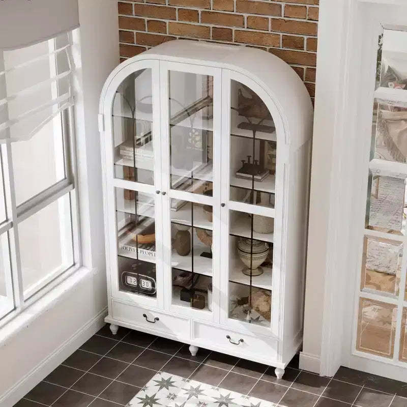 Famapy Display Bookcase with Solid Wood Legs and Glass Doors Cabinet Curio