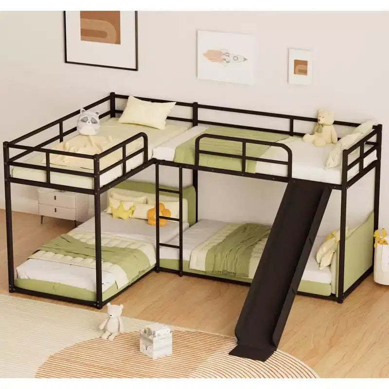 GDFStudio Hobson 4-Person L-Shaped Bunk Bed with Slide, 113, Modern Design