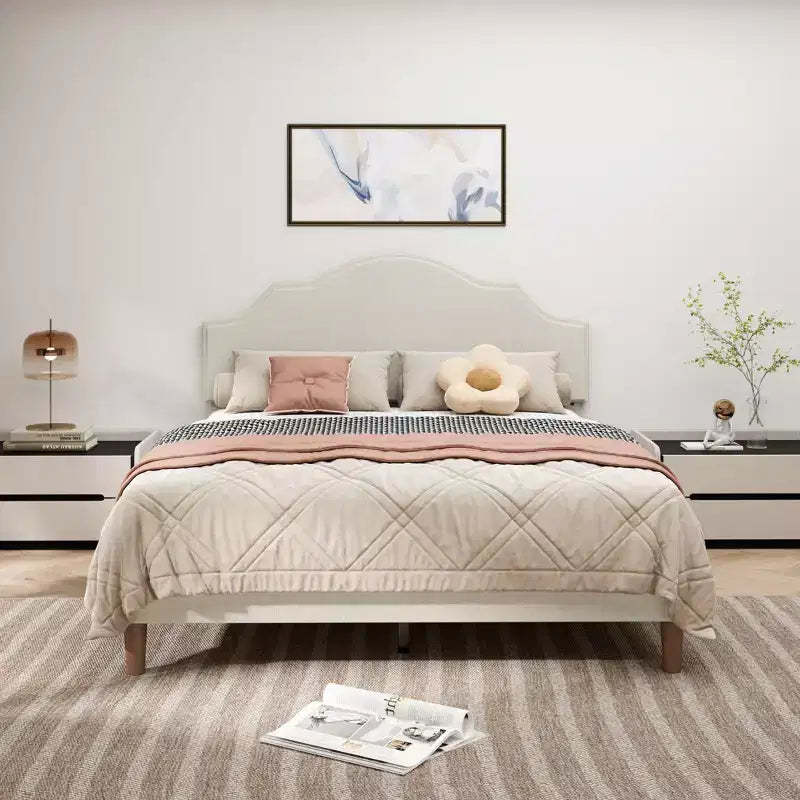 Queen/King Size Upholstered Platform Bed Frame with Adjustable Headboard, Linen Fabric Padded, No Box Spring Needed, Beige-ModernLuxe