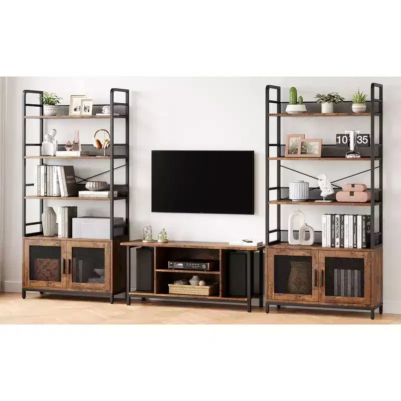 Industrial Bookshelf 3-Tier with Wire Mesh Doors - Vintage Iron & Wood Storage Shelf for Living Room Study, Heavy Duty