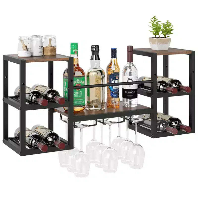 Costway 3-Tier Wall Mounted Wine Rack with Glass Holder Open Shelf Wine Storage Rack Brown