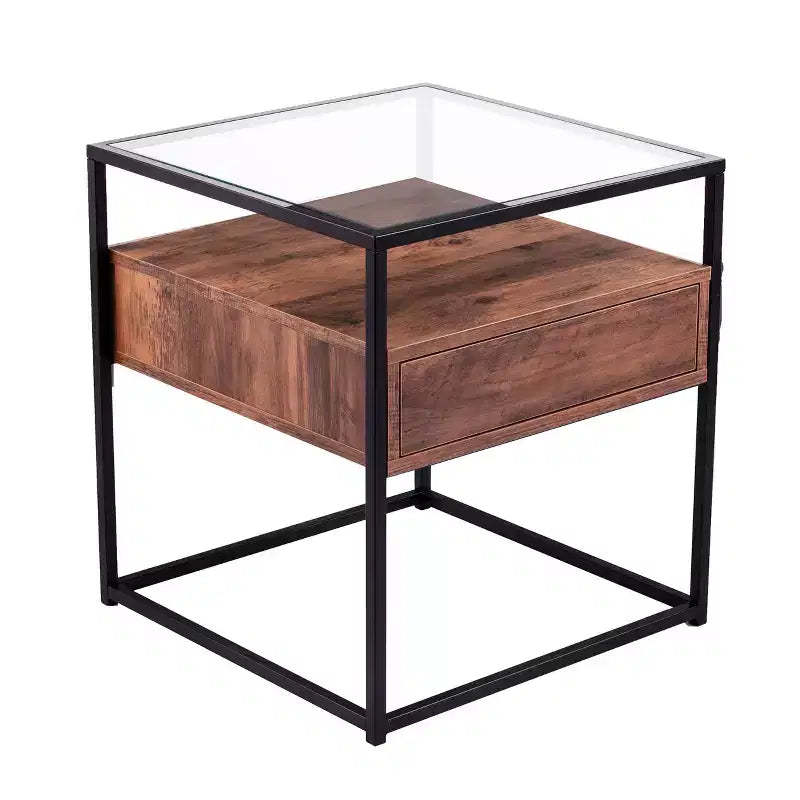 Olivern Glass-Top End Table with Storage - Black - SEI