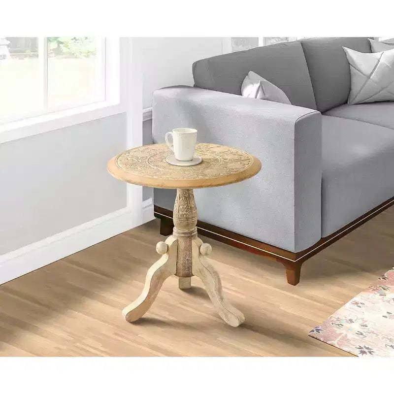 Royal Hampton Intricately Carved Mango Wood Side End Table with Round Top and Pedestal Base
