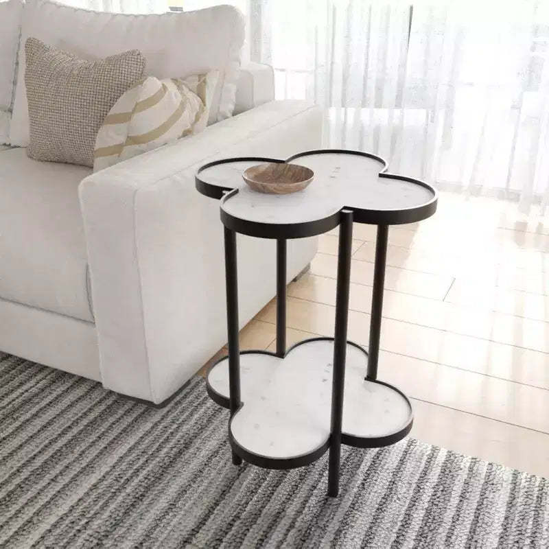 Royal Hampton Side End Table, Genuine Marble Clover Shape Top With Iron Frame