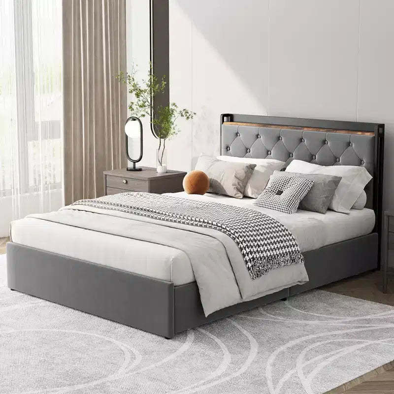 Velvet Bed Frame with Four Storage Drawers and USB Charging Station, Greey Bed Frame with Storage Headboard and Wooden Slats Support