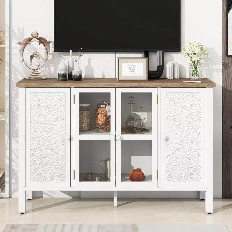 MAYEERTY TV Stand Entertainment Center Media Console Cabinet with 3 Spacious Glass Doors Anti Tip Device for Living Room