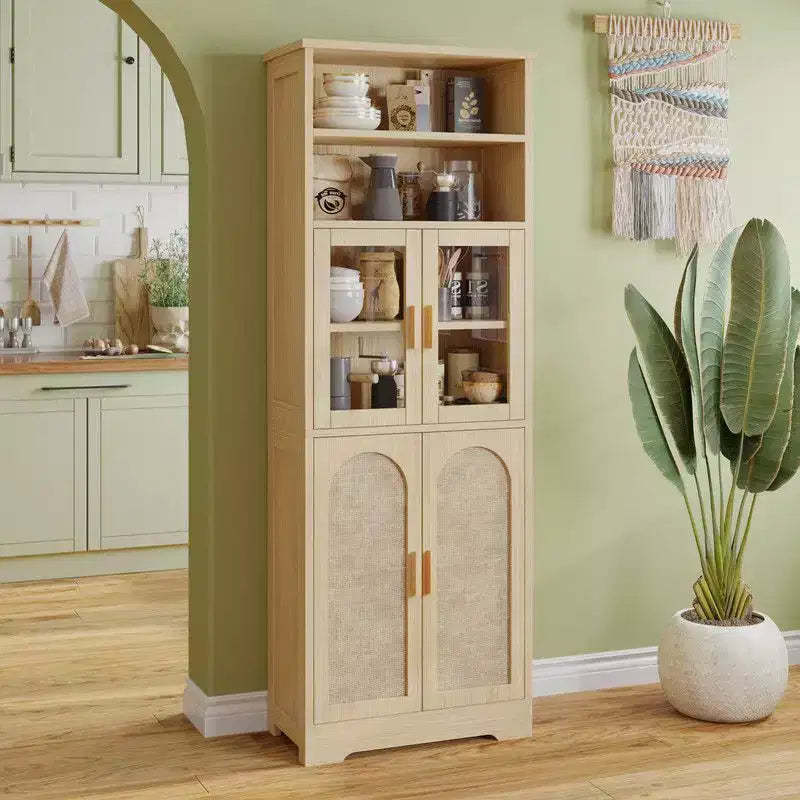 Karl Home 66.9in.H Tan Rattan Display Cabinet Storage Cabinet 4 Doors 6 Tiers