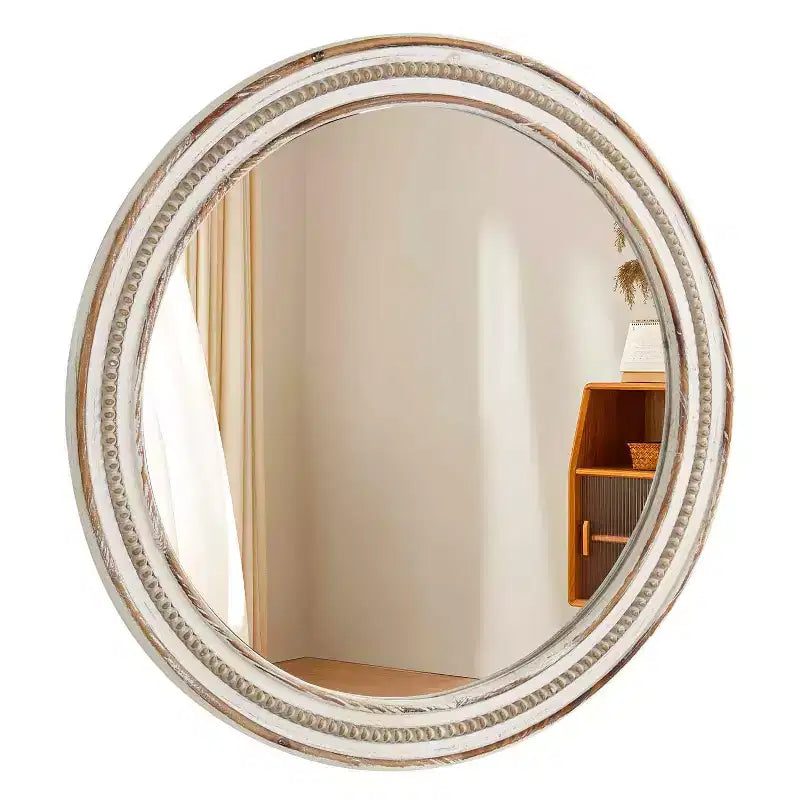 MAYEERTY 24 Round Wood Decorative Mirrors for Wall Decor, Rustic Circle Mirror for Bedroom Living Room Office with Beads