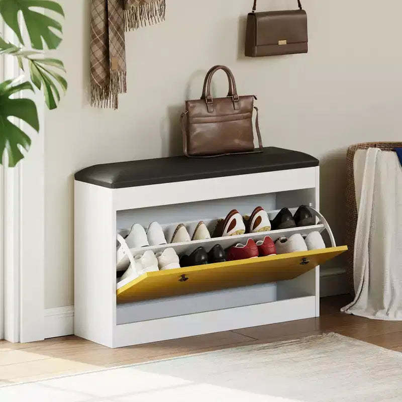 31.5 Shoe Storage Bench - Flip-Drawer Organizer w/PU Cushion for Entryway, Hallway & Living Room
