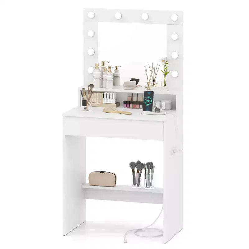 Costway Vanity Desk with Mirror and Lights with 3 Light Modes & Adjustable Brightness White