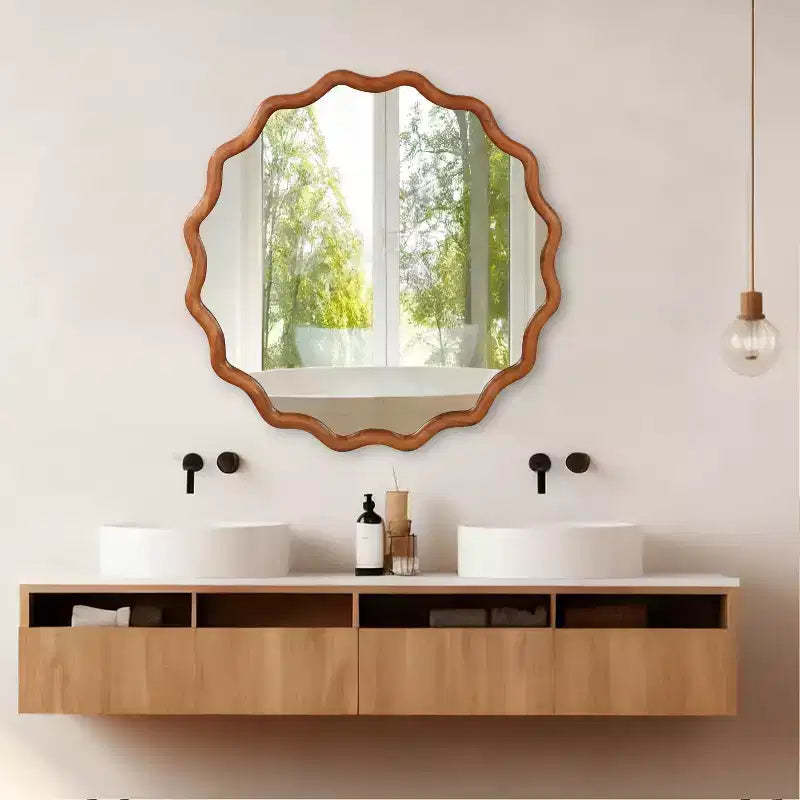 MAYEERTY 36 inch Wavy Round Mirror Solid Wood Frame Decorative Mirror for Bedroom Bathroom Living Room Brown