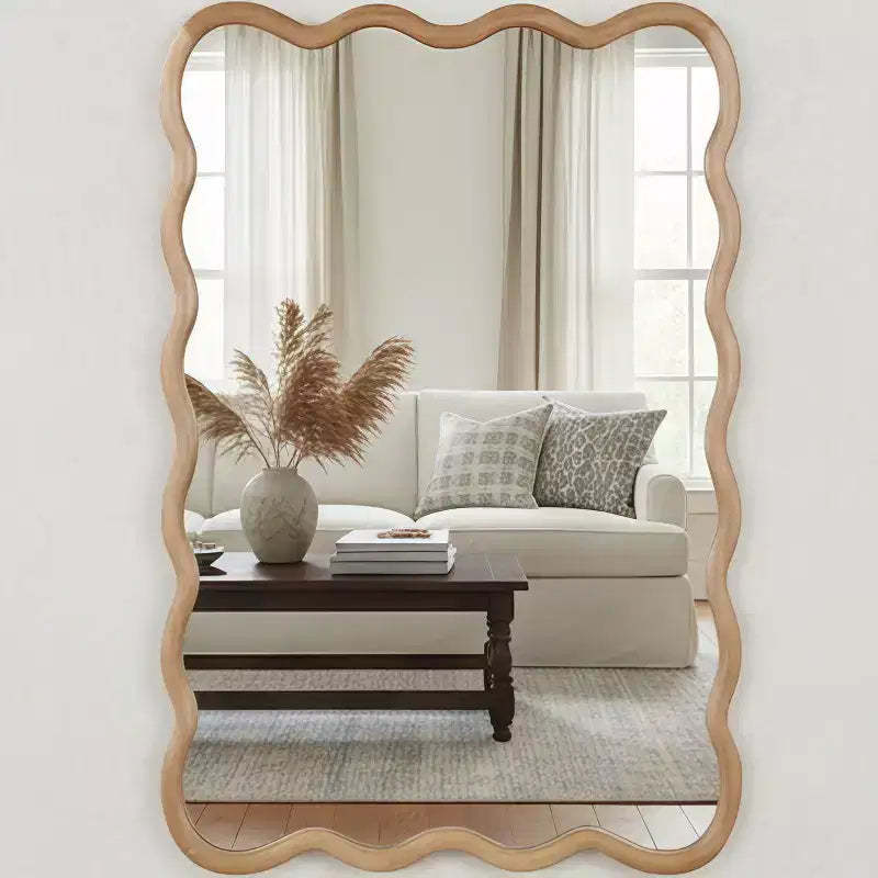 MAYEERTY 24 x 36 Wavy Rectangle Solid Wood Frame Decorative Mirror for Bedroom Bathroom Living Room Natural Wood
