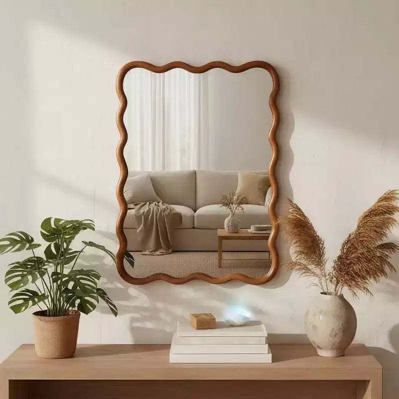 MAYEERTY 30 x 40 Wavy Rectangle Solid Wood Frame Decroative Mirror for Bedroom Bathroom Living Room Yellowish Brown