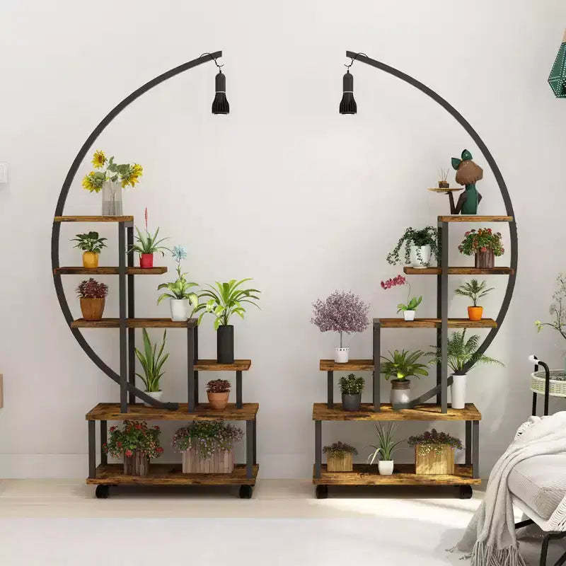 6-Tier Half-Moon Indoor Plant Shelf with Grow Lights & Wheels, Tall Metal Plant Stand for Bonsai, Flowers & Decor, Balcony & Living Room Organizer