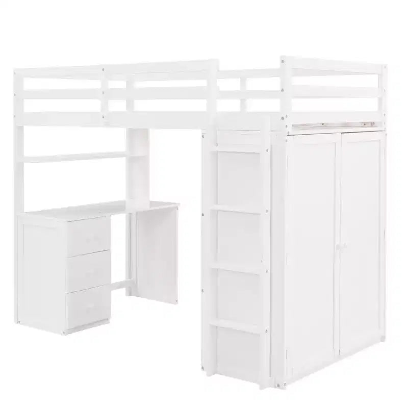 CLIHOME Twin size Loft Bed with 3 Storage Drawers, Desk and Wardrobe