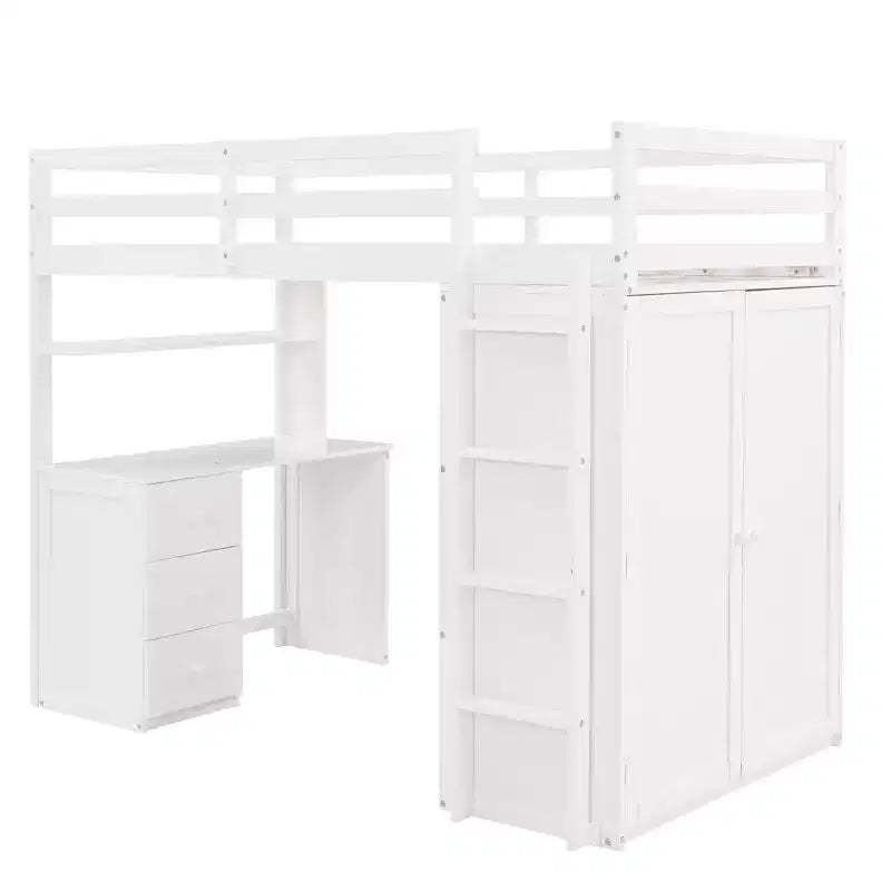CLIHOME Twin size Loft Bed with 3 Storage Drawers, Desk and Wardrobe