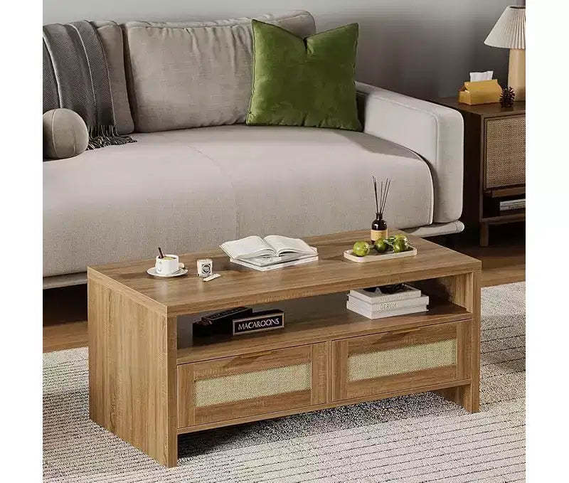 Brown Mid-Century 2-Drawer Rattan Coffee Table | 40 Rectangular Table with Thick Wood Top | Living Room Cocktail Table with Open Shelf
