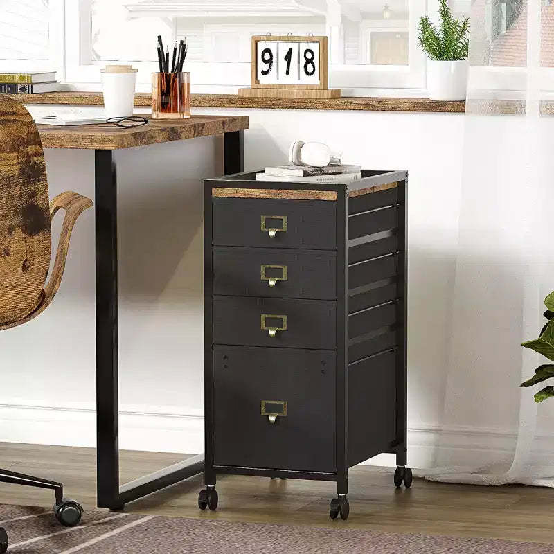 Retro - colored MDF Iron Under - Table Cabinet with Cloth Drawers, Lockable Wheels, Anti - Drop Buckle, A4 Document Storage