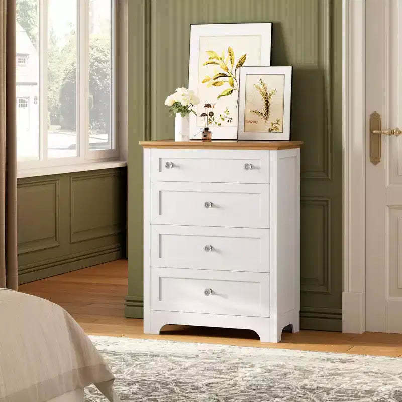 Zstar 4 Drawer Nightstand Cabinet with Night Light - White Drawer Dresser with LED Strip and Visible Glass Table-top for Bedroom, Living Room