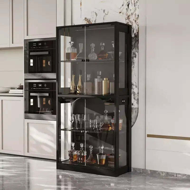 Famapy 31.5x65 Tempered Glass Curio Cabinet with Motion Sensor Lights 4-Door Tall Black Display Case Bookcase Bookshelf Sideboard Pantry