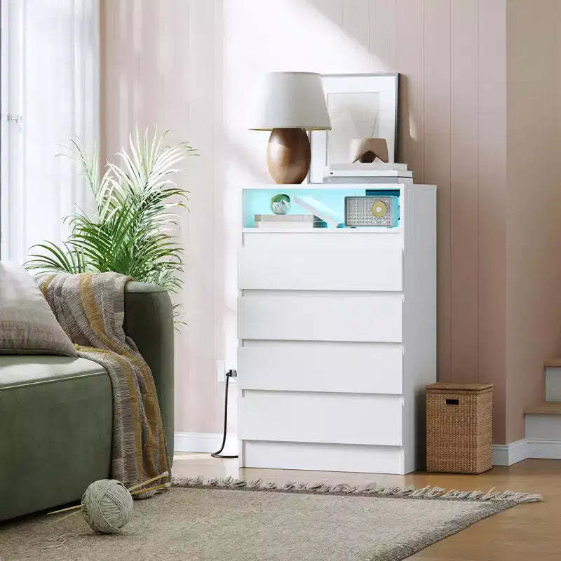Modern 4 Drawer Dresser with LED Light and Charging Station, White Storage Chest with Power Outlet, Accent Double Dresser