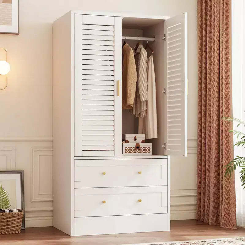 65 Wardrobe Armoire Closet with 2 Shutter Doors and 2 Drawers, Bedroom Armoire with Hanging Rod, Large Capacity Storage Freestanding Wooden