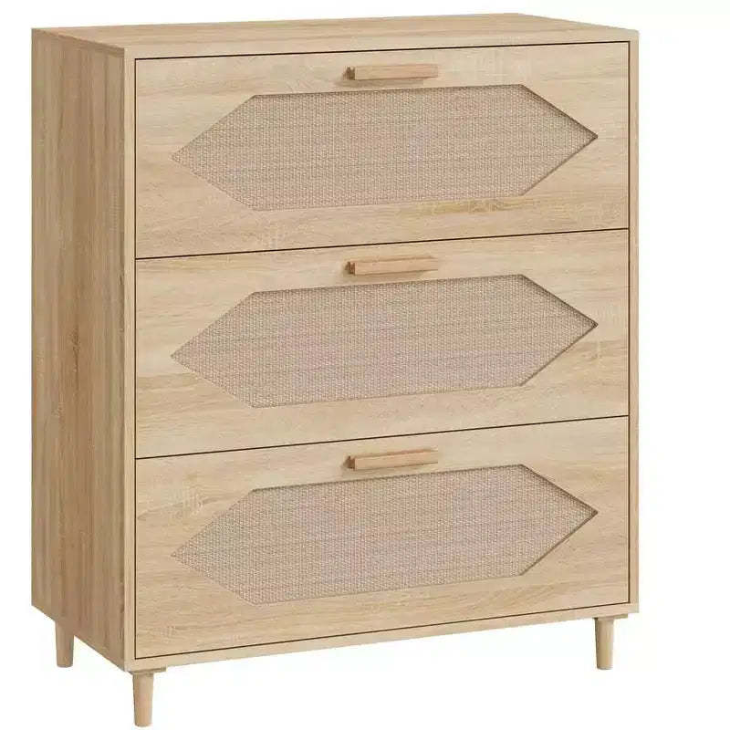 Zstar 3 Drawer Rattan Dresser for Bedroom, Rattan Modern Dresser Wood Chest of Drawers, Wooden Storage Cabinets, and Entryways