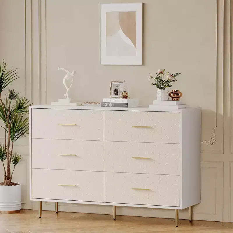 Modern White Dresser, Wooden Chest of Drawer with Metal Legs, White, 47.2 D x 15.5 W x 33.5 H, Storage Cabinet for Bedroom, Living Room, Entryway