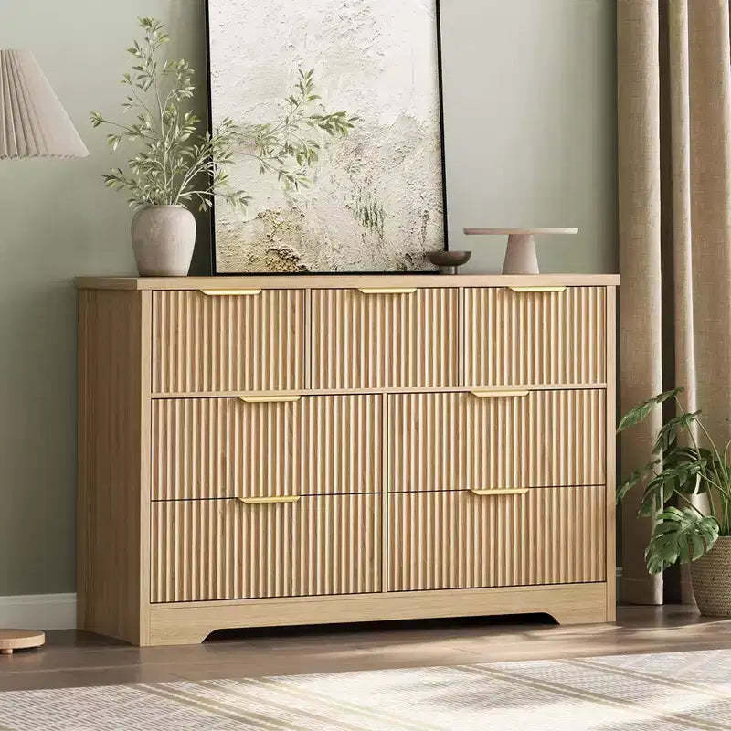 Zstar Modern Fluted Dresser for Bedroom, 7 Drawer Storage Cabinet with Metal Handel