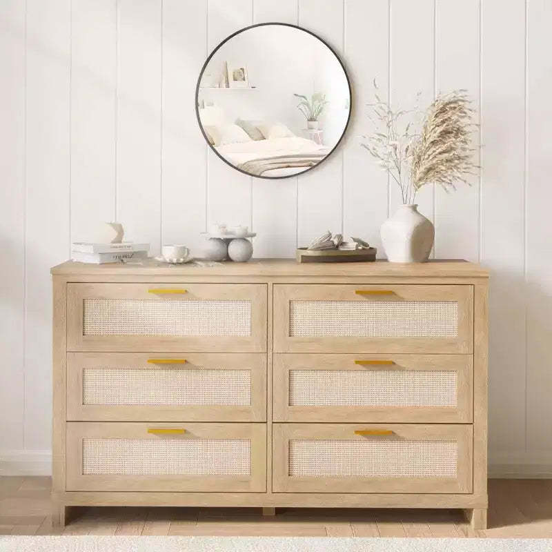 Zstar Dresser for Bedroom, Wooden Storage Cabinet with Rattan Fronts