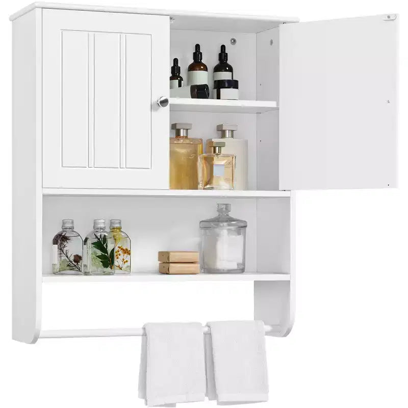 Yaheetech Bathroom Wall Cabinet with Towel Bar, Double Doors and Adjustable Shelf for Living Room, Laundry Room, Mudroom, White