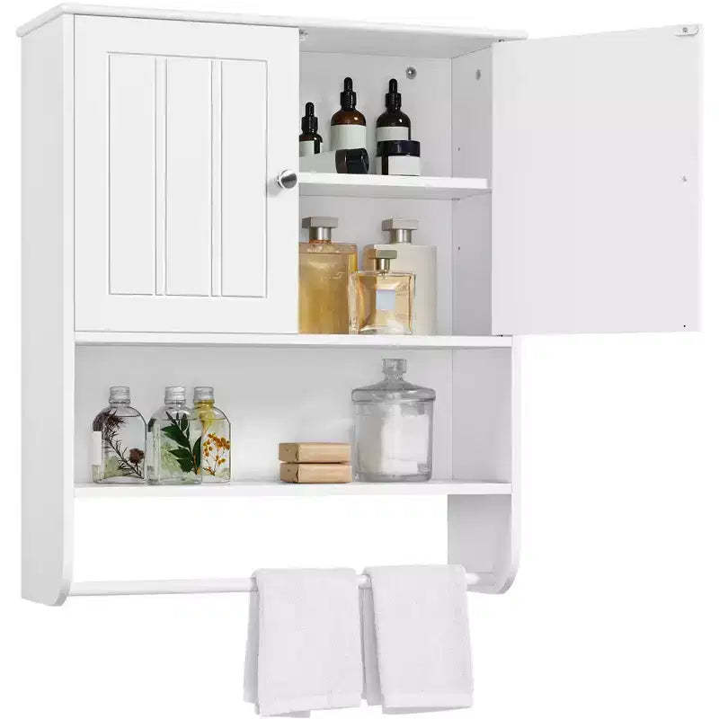 Yaheetech Bathroom Wall Cabinet with Towel Bar, Double Doors and Adjustable Shelf for Living Room, Laundry Room, Mudroom, White