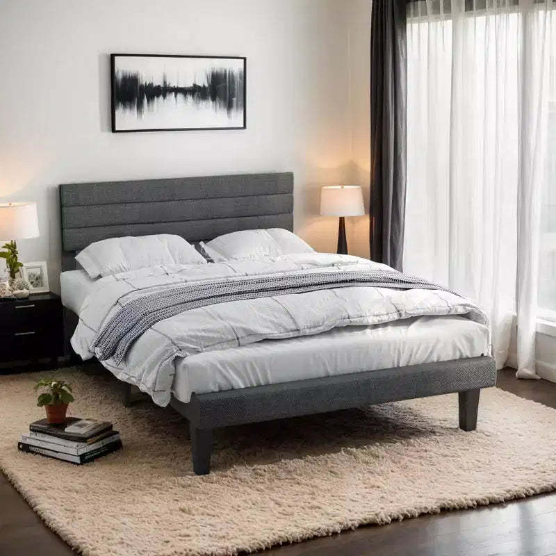 Karl Home Twin Size Upholstered Bed Frame, Platform Bed with Headboard Gray