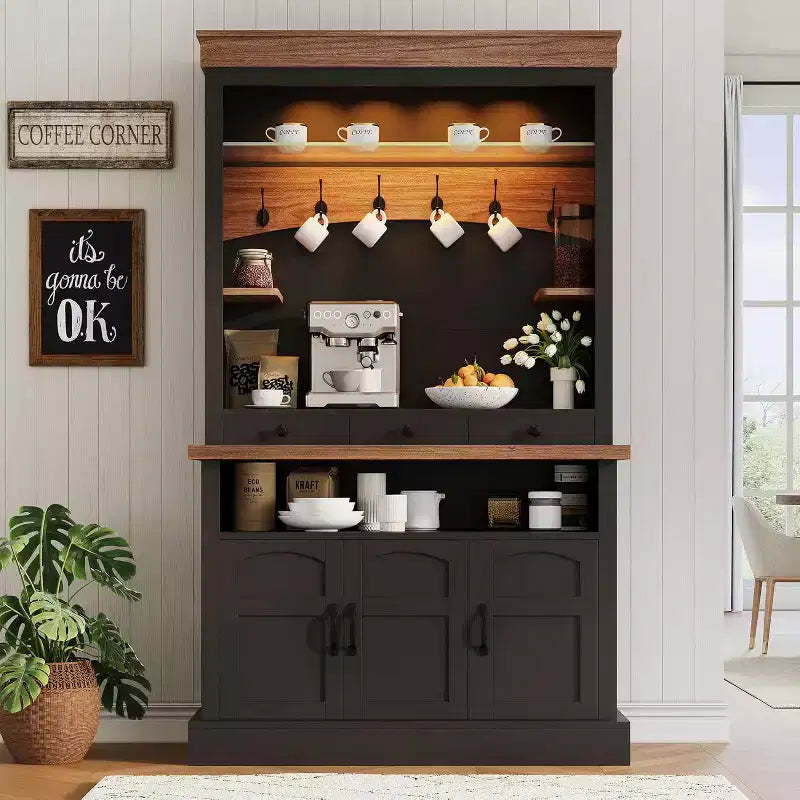 72 Tall Farmhouse Coffee Bar Cabinet with LED Light & Storage, Sideboard Buffet Hutch with Multi-Features for Multi-Room Use