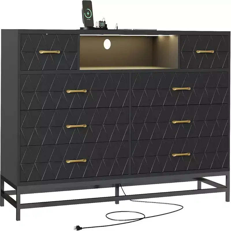 Zstar Modern 8-Drawer Dresser with Built-in USB and AC Charging Stations, LED Lights, Black