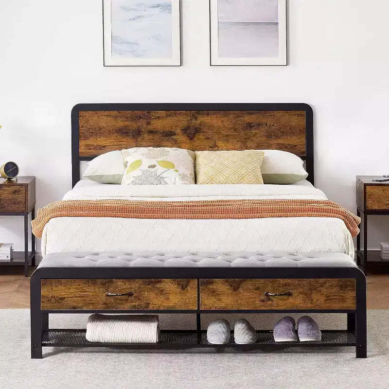 Bed Frame with Ottoman Storage, Sturdy Metal Slats, Mattress Foundation with Safe Rounded Corners, No Box Spring Required