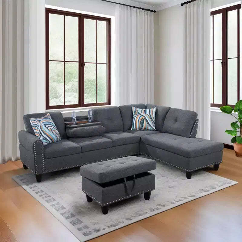 3-Piece L-Shaped Combination Sofa Set in Grey Linen for Living Room