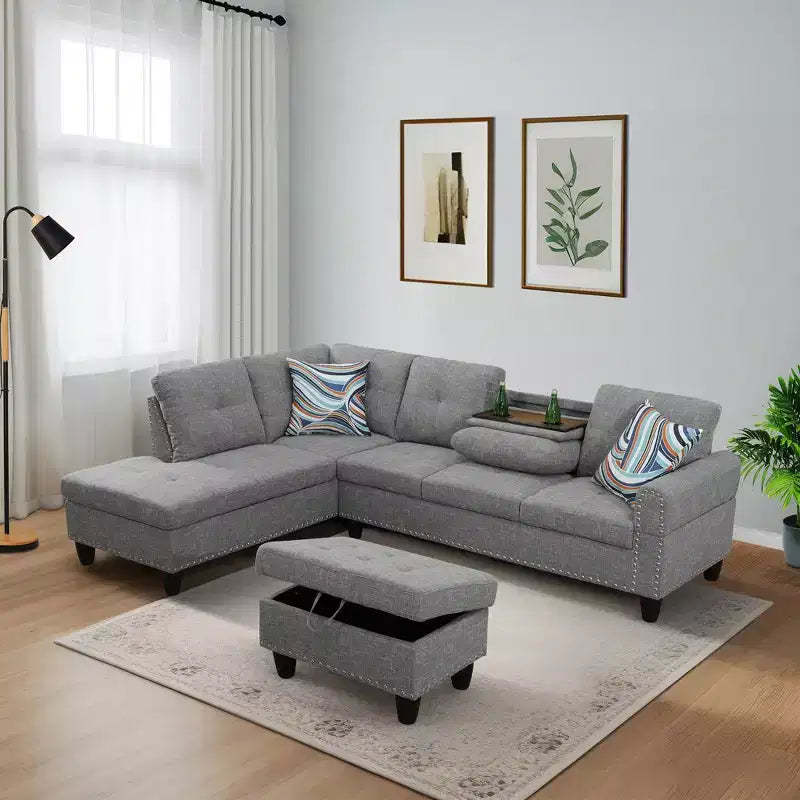 3-Piece Set Of Brown Grey Linen Combination Sofa L-Shaped Living Room Sofa