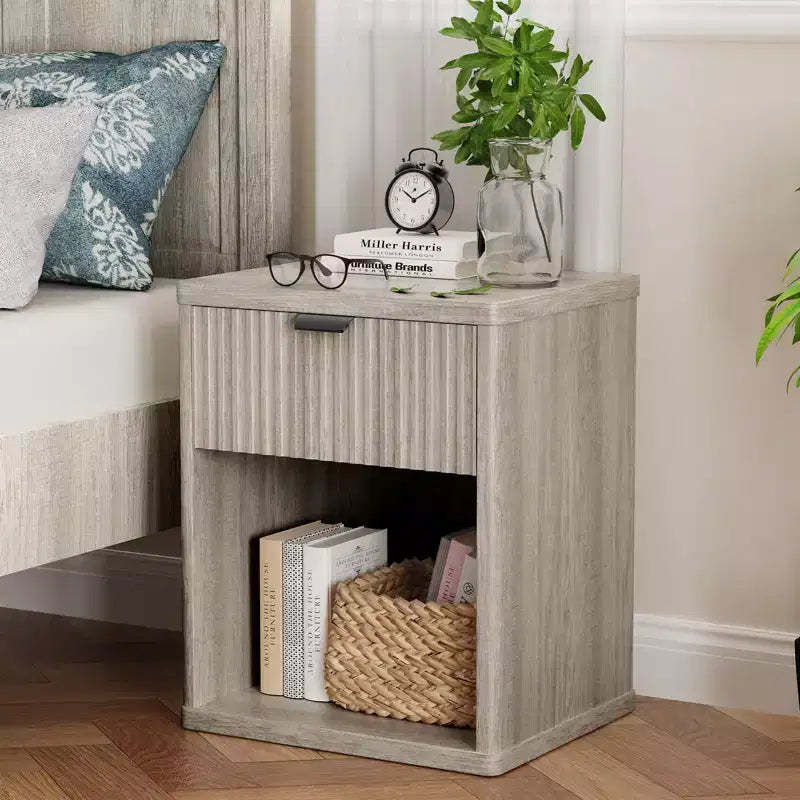 Dyonery Nightstand Scandinavian Nightstand with Recessed Drawers Storage Cabinet Large Modern Mid-Century Wooden Nightstand