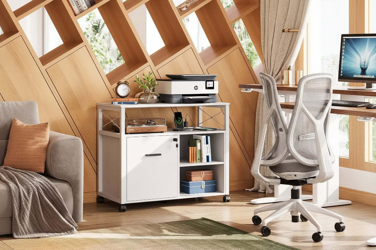 GALAXHERO Lateral File Cabinet, Locking Wood Filing Cabinet Rolling Printer Stand with Open Storage Shelf White