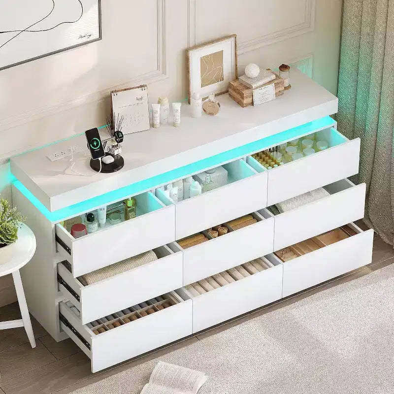Dyoney 9-drawer vanity with power socket and LED lights, spacious storage cabinet, charging dock