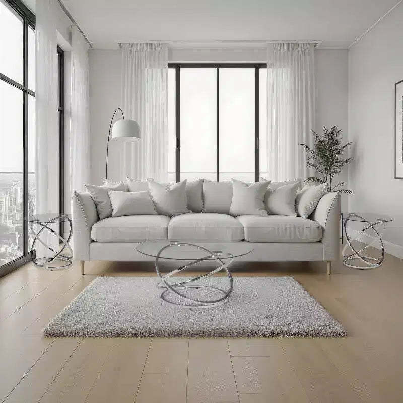 Royal Hampton 3-Piece Coffee and Side End Table Set | Round Glass Tops with Swirl Chrome Steel Bases