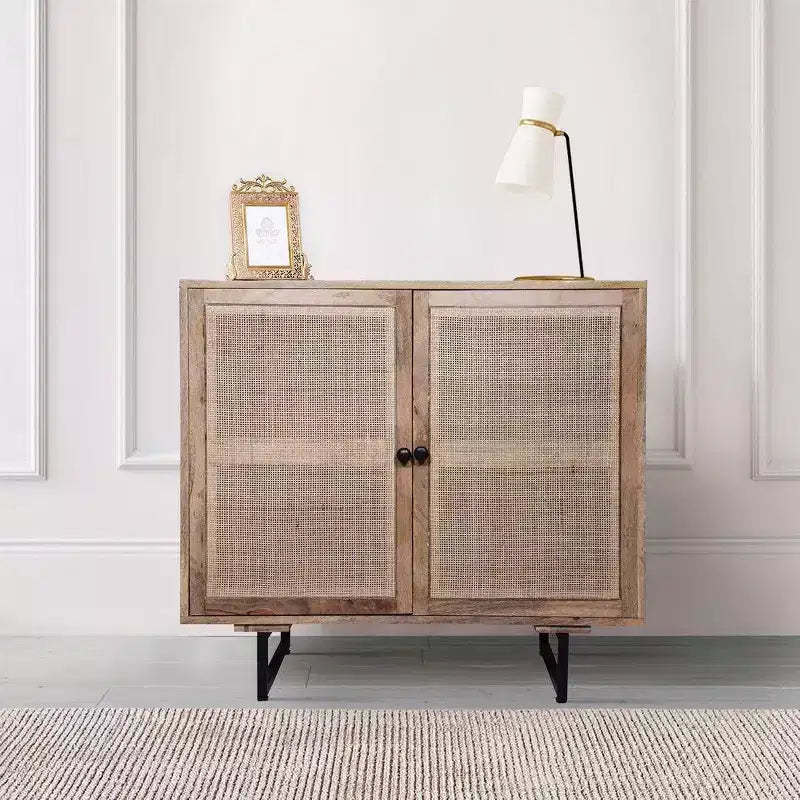 Royal Hampton 35 Inch Handcrafted Accent Cabinet with 2 Mesh Rattan Doors, Black Iron Legs, Mango Wood Frame